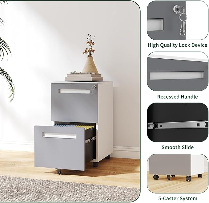 2 Drawer Filing Cabinet Lockable Metal File Cabinet Mobile File Cabinets for Home Office Under Desk Cabinets for Organizer A4/Letter/Legal Fully Assembled (White+Grey)