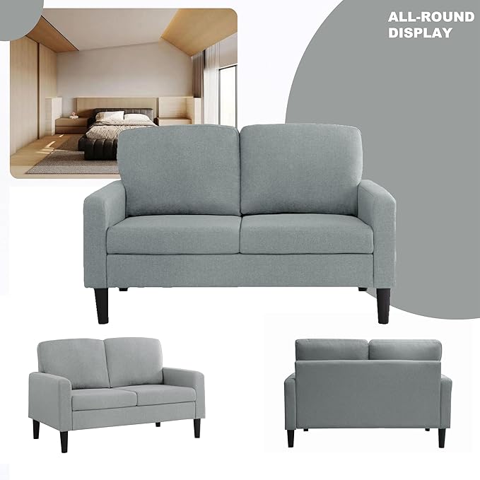 53 Loveseat Sofa Modern Small Couch Sofa Settee Loveseat Linen Fabric Upholstered 2-Seat Sofa Furniture Love Seat for Small Spaces Dorm Room Bedroom Apartment with Wood Legs Light Grey