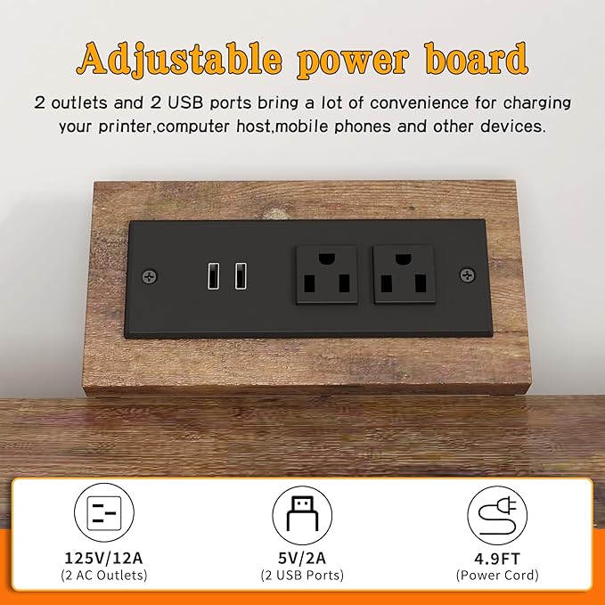 Large Printer Stand with Power Outlet with Height Adjustable Storage Shelf 3 Tier Rolling Printer Cart with Industrial Wheels 23.6 x 23.6 Inches Printer Table for Home Office Rustic Brown