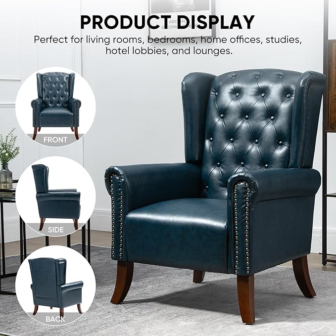 MOJAY Modern PU Leather Accent Chairs Set of 2 Mid-Century Living Room Chairs Upholstered Club Arm Chair Single Sofa Chair with Solid Wooden Legs for Bedroom Study Home Office Reception (DarkBlue)