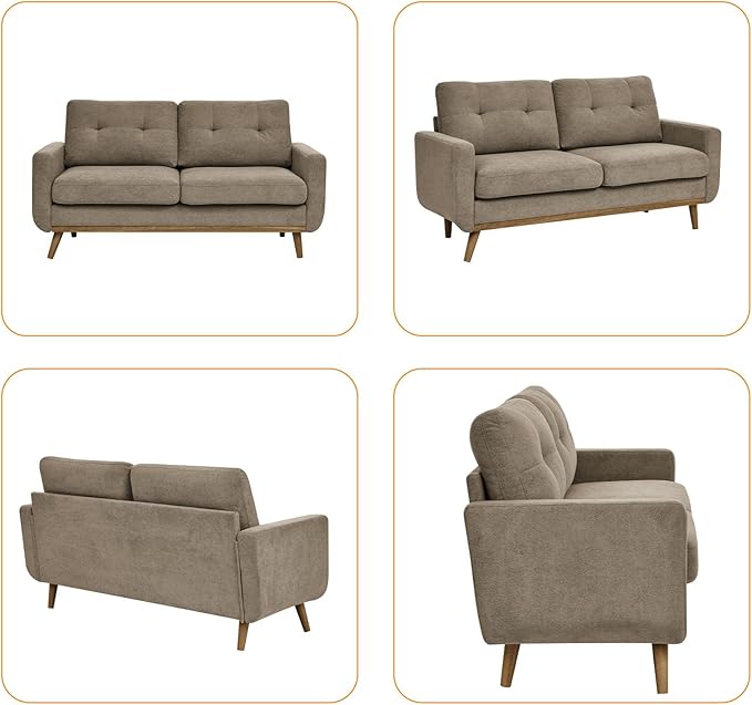 67.7 Mid-Century Modern Loveseat Sofa 2-Seat Mini Upholstered Love Seat Couch Comfy Small Couch with Wooden Legs and Tufted Back for Living Room Bedroom Office Apartment(Khaki)