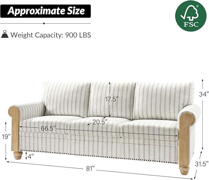 HULALA HOME 81 Farmhouse Couch with Stripe Pattern 3 Seater Sofa with Solid Wood Legs and Rolled Wide Armrests Comfy Upholstered Sofa with Nailhead Trims FSC Certified Stripe