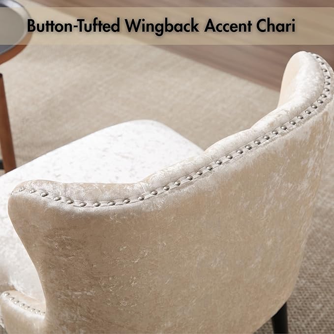 Mid Century Accent Chairs Set of 2 Upholstered Wingback Tufted Velvet Living Room Chair with Black Wood Legs Comfy Side Corner Chair for Small Spaces Bedroom Waiting Room Cafe Beige