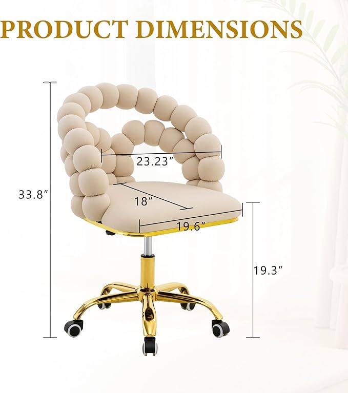 Home Chair Swivel Velvet Desk Chair Upholstered Accent Chairs with Gold Base for Girls Women Study Seat Caterpillar Computer Stools for Living Room(Cream)
