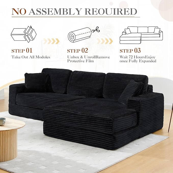 112.6 Oversized Fold Out Couch Bed King 3 in 1 Convertible Modern L Shape Cloud Modular Sectional Comfy Boneless Foam Couch Futon for Living Room No Assembly(Black CorduroyRight Facing Chaise)