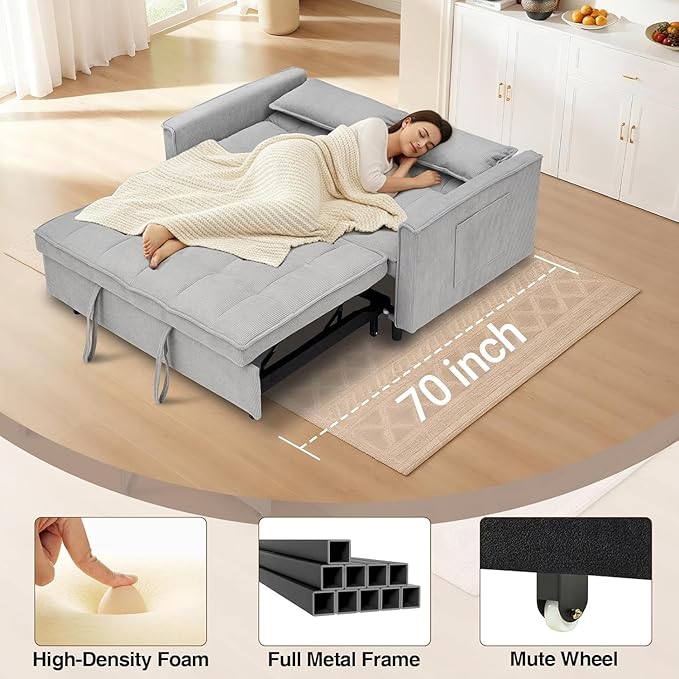 3 In 1 Corduroy Convertible Sofa BedPull Out Couch Bed with Reclining Backrest And 2 Pillows 54 Full Size Loveseat Sleeper Sofa Futon Couch Bed Couches For Small Spaces Living Room (Grey)