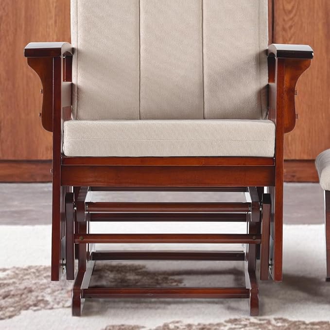 Solid Wood Glider Rocking Chair and Ottoman Set Rustic Nursery Glider Rocker with Padded Cushion Smooth Rocking Motion Indoor Living Room NursingNappingReading Cream