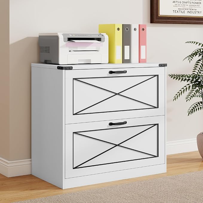 Vabches Lateral File Cabinet with 2 Drawers Farmhouse Filing Cabinet Office File Cabinet with File Drawers Wood Rustic Storage Cabinet File Organizer for Home Office Living Room White