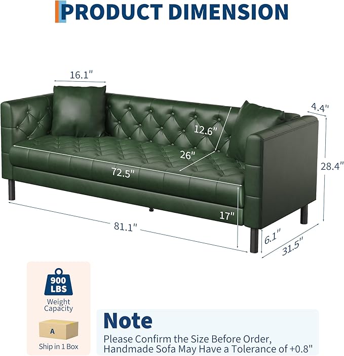 Garvee 81 Inch Leather Couch for Living Room Modern Leather Sofa with Deep Seat Handmade Button Tufted 3 Seater Sofa Chesterfield Couch for Apartment Office Black Green