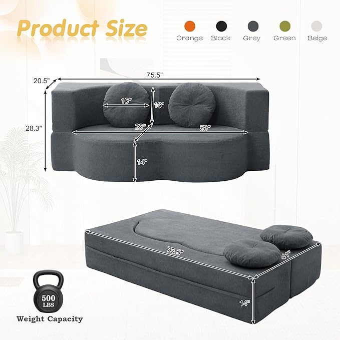Folding Futon Sofa Bed Modern Convertible Fold Out Chenille Cloud Memory Foam Boneless Floor Lounge Loveseat Sleeper Mattress Sofa Couch with 2 Pillows for Guest Room Living Room Office Grey
