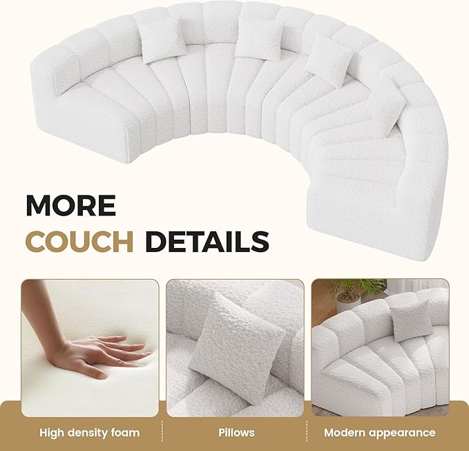 Oversized Curved Sofa 4 Seater Modular Velvet Cloud Couch Modern Boneless Sectional Couches for Living Room No Assembly Required White 1PC