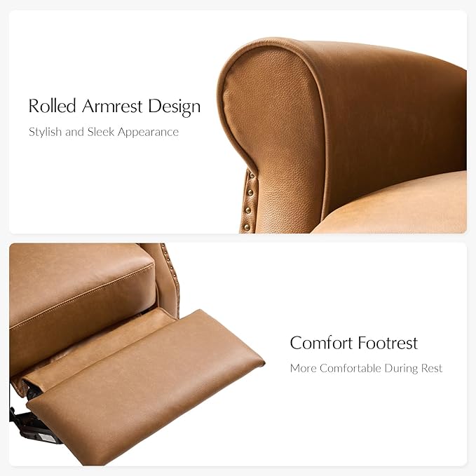HULALA HOME Faux Leather Swivel Rocker Recliners Set of 2 with Adjustable Backrest and Footrest Push Back Recliner Chairs with Nailhead Trim Swivel Glider Rocking Chairs for Living Room Camel