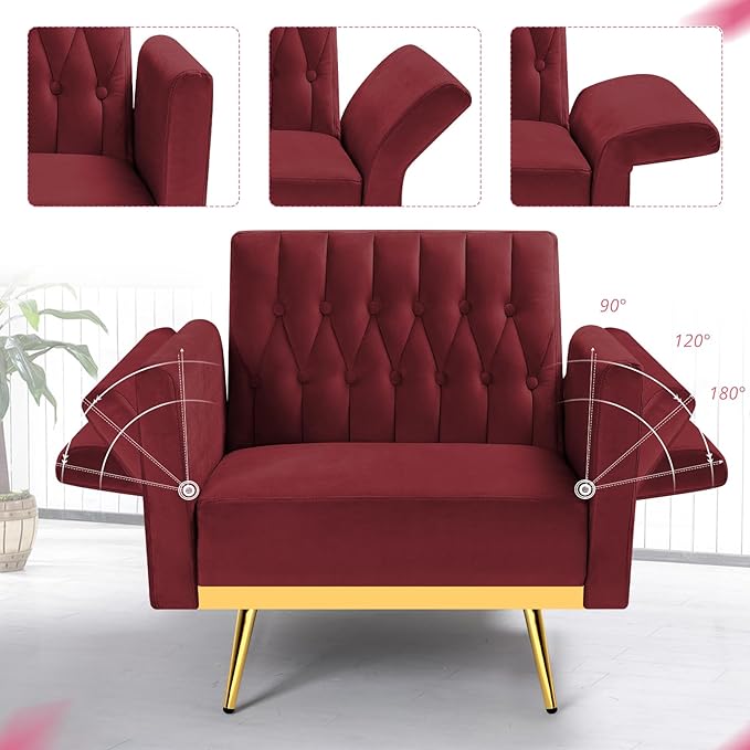 Velvet Accent Chair with Adjustable Armrests and Backrest Button Tufted Lounge Chair Single Recliner Armchair with Ottoman and Pillow for Living Room Bedroom Red