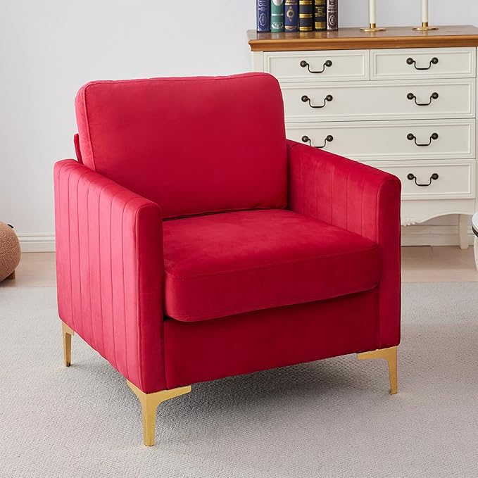 Velvet Accent Chairs Set of 2 Modern Accent Chairs with Gold Metal Legs Upholstered Reading Armchair Small Sofa Chair for Living Room Bedroom Office (Red)