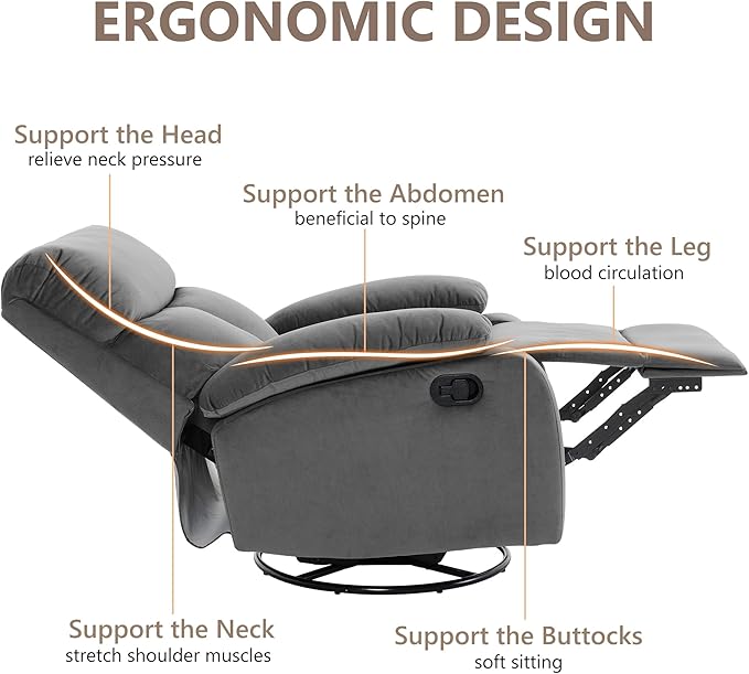 Swivel Rocker Recliner Rocking Small Reclines for Small Spaces Velvet Single Recliner Chair Sofa for Living Room Nursery Bedroom Dark Grey