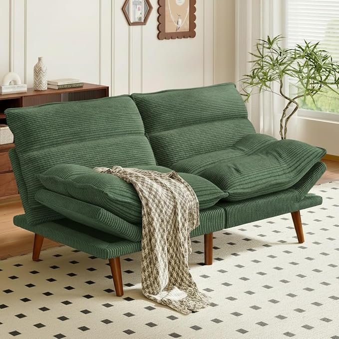 Amada Convertible Futon Sofa Bed - Corduroy Loveseat with Adjustable Backrest &amp Armrests Thickened Seat Cushion Small Space Sleeper Couch for Apartment Study Room &amp Office（Moss Green66 Inc