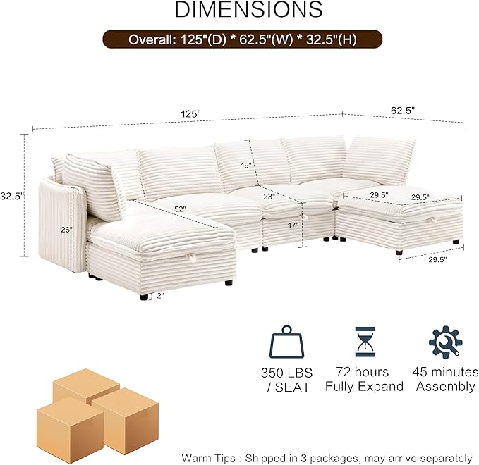 125 Oversized Modular 6 Seater Sofa with Removable Covers and Storage Convertible U L-Shaped and Sleeper Sectional Modern Corduroy Couches with Ottoman Chaise for Living Room Apartment White