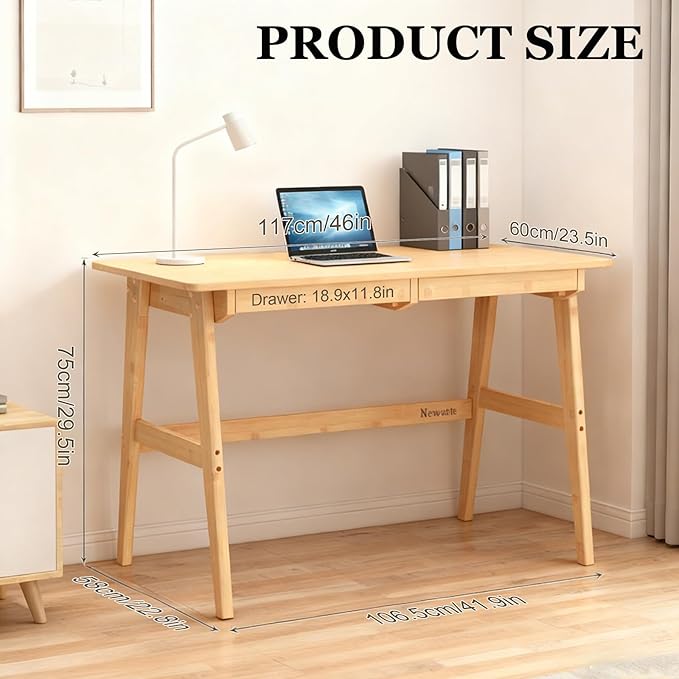 Nnewvante Writing Computer Desk 46 Bamboo Home Office Table with 2 Drawers Modern Furniture Simple Study Makeup Workstation