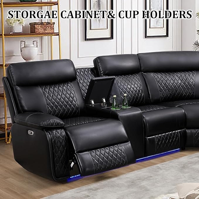 Power Recliner Sectional Couch for Living RoomLeather Reclining Sectional Sofa with LED Lights L Shpaed Corner Leather Couch with Storage Console&ampCup Holders&ampUSB ChargingBlack