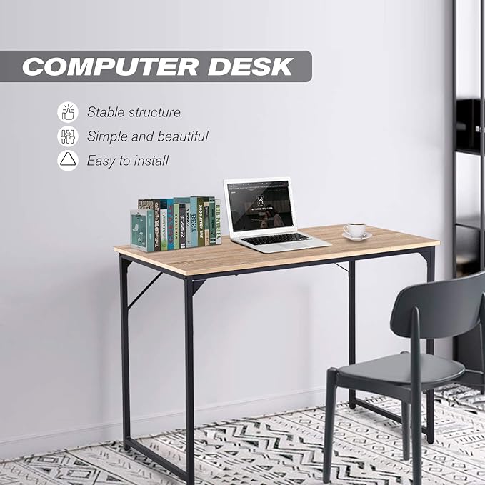 HCB Computer Desk 39inch Home Office Desk Writing Study Table Modern Simple Style PC Desk with Black Metal Frame(Nature)39x20x29inch