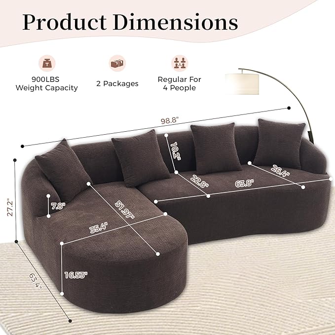 98.8 Curved Sectional Sofa with ChaiseL-Shape Sofa Lounge ChaiseBoneless Couch L Shape for Living RoomWood Grain Chenille FabricNo Installation Requirement