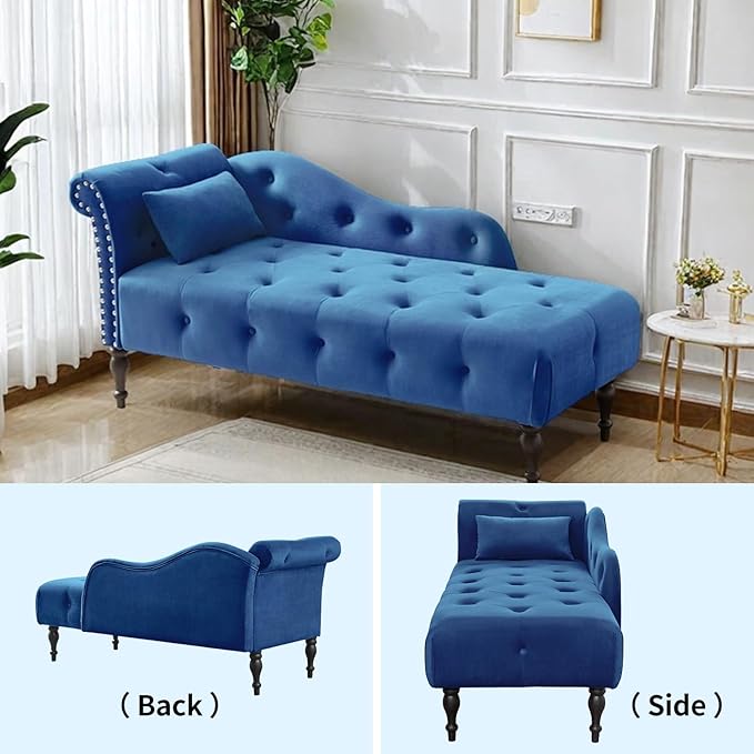 60 Modern Velvet Chaise Lounge IndoorUpholstered Lounge Chair with Left Armrest and Lumbar Pillow Button Tufted Lounge Sofa for Living Room Bedroom OfficeMini Chaise Longue Sofa (Blue)