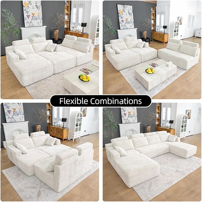 134 Boneless Couch for Living Room Oversized U Shaped Modular Cloud Sofa with Deep Seat Ergonomic Memory Foam Sleeper Chair Comfy Fluffy Corduroy Sectional Couches No Assembly White