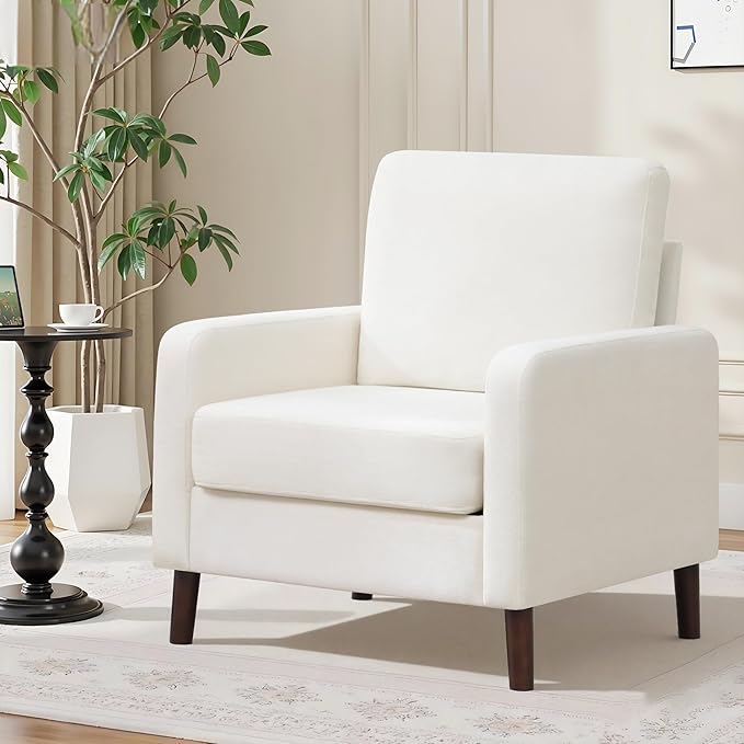 Accent Chair Set of 2 Upholstered Living Room Chairs with Wood Legs and Side Pockets Modern Reading Chair for Bedroom Armchair Single Sofa Side Chair for Office Small Room White