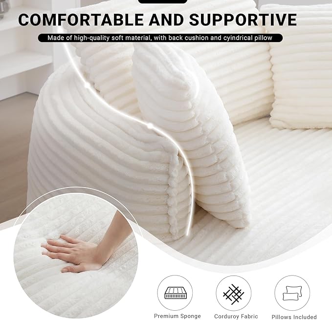 Oversized Round Lounge Chair Indoor Corduroy Upholstered Deep Seat Cloud Circle Sofa Chair Fluffy Boneless Sleeper Chair for Reading &amp Lounging No Assembly Required (Beige)