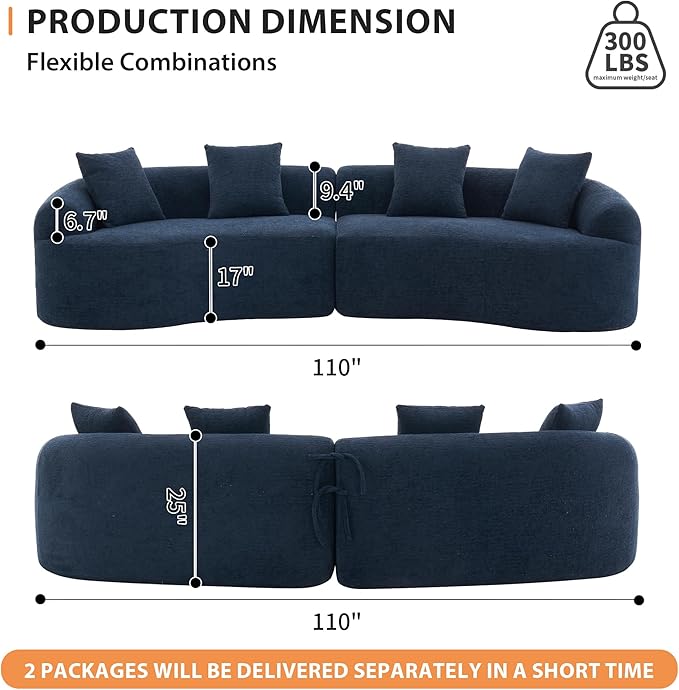Oversized Sectional Sofa for Living Room 110 Modern Luxury Chenille 4-Seater Extra Deep &amp Wide Seat Curved Cloud Couch with 4 Throw Pillows No Assembly Needed Cream Blue