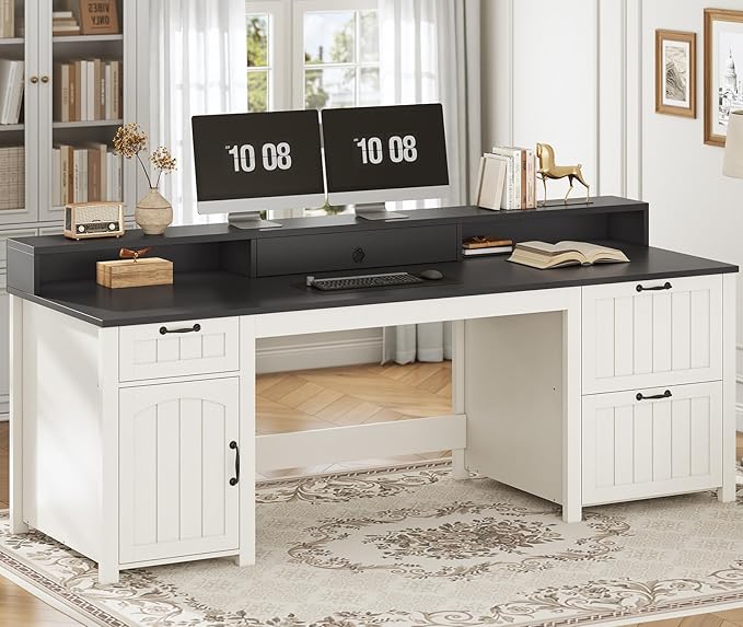 SEDETA Farmhouse 63 Executive Desk Home Office Desk with File Drawer and Monitor Stand Computer Desk with Drawers and Storage Cabinet Wood Desk for Work Study Writing White