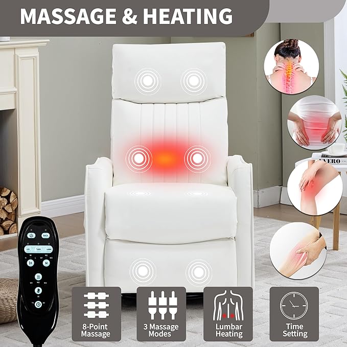 High Back Massage Recliner with Heat - Swivel Rocking Chair for Small Spaces Manual Lazy Boy Recliner for Adults Perfect for Living Room &amp Bedroom Soft Fabric (White)