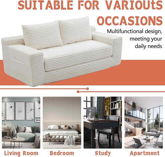 73 Boneless Loveseat Couch 2 in 1 Pull Out Sleeper Sofa with Side Pockets &amp 2 Pillows Folding Convertible Corduroy Floor Couch for Apartment Living Room Bedroom No Assembly(Beige)