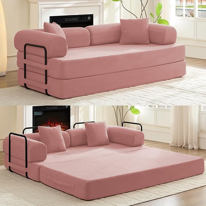 Mjkone 78.7 W Convertible Folding Mattress Couch with Armrest Corduroy Floor Sofa Bed with Metal Fixed-Shape Frame 5-in-1 DIY Futon Lazy Sofa Cama Lounge Couch for Living Room Bedroom Studio Pink