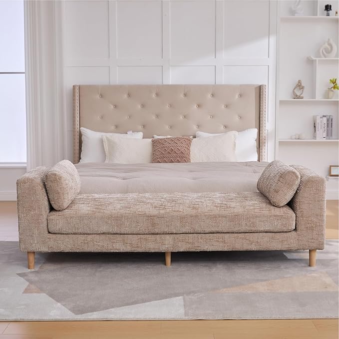 Mlmh &amp Kngwa Oversized Chaise Lounge Indoor 83.1 End of Bed Bench King Size Daybed with 2 Removable Pillows &amp Armrests Upholstered Chaise Bench Window Seat Benches for Living Room Bedroom Wh