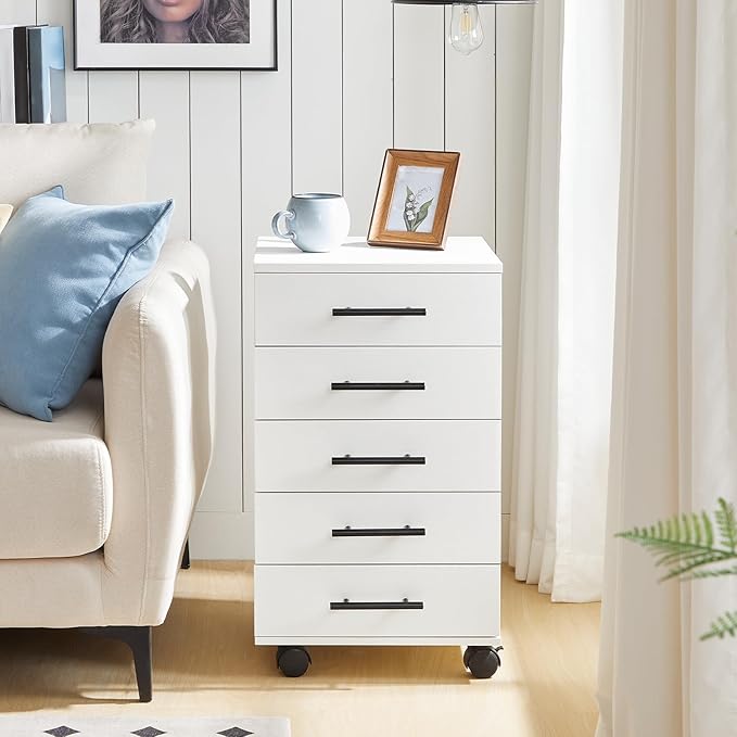 HOOBRO 5-Drawer File Cabinet Office Filing Cabinet with Drawers Wooden Mobile Storage Cabinet with Wheels for Makeup Home Office Easy Assembly White WT05WJ01G1