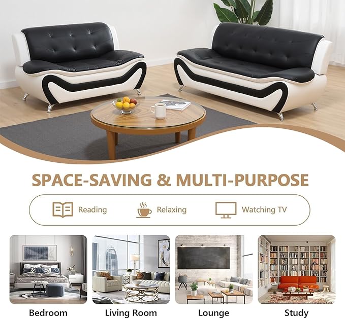 Leather Couch SetLeather Sectional Sofa for Living Room Furniture Sets Sofa and Loveseat Sets 2-Piece for Living Room/Office/Bedroom/Apartment(Black &amp White)