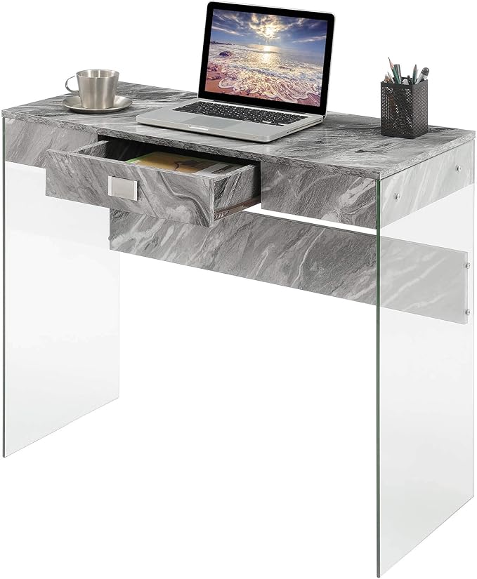 Convenience Concepts SoHo 1 Drawer Glass 36 inch Desk Gray Faux Marble/Glass