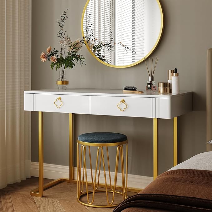 White Vanity Desk with 2 Drawers Gold and White DeskHome Office Desk Modern Makeup Vanity Table Entryway Console Table Sofa Table (Deluxe Leg)