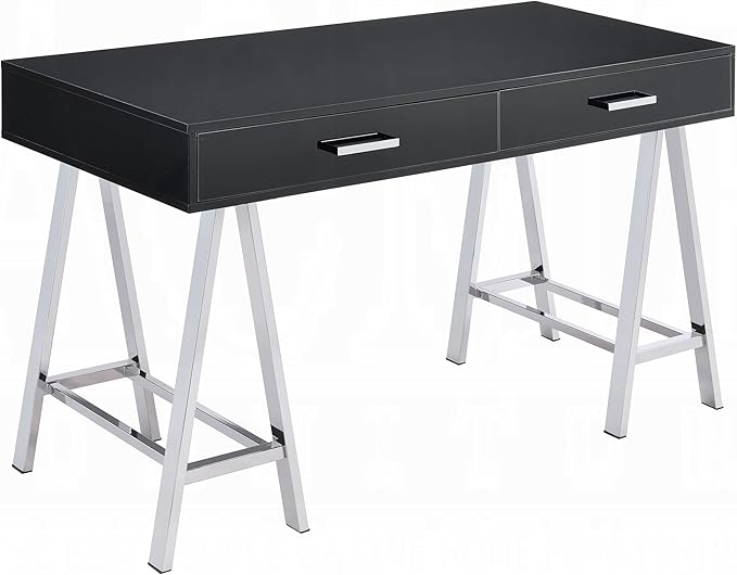 Modern Black &amp Chrome Writing Desk with Two Drawers - Home Office Desk Student Desk Contemporary Wood &amp Metal Desk