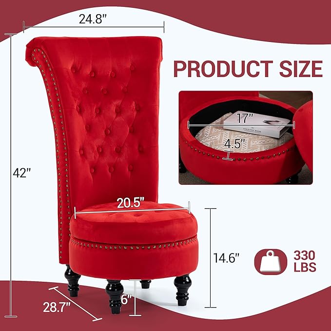 Throne Royal Chair High Back Velvet Accent Chair with Hidden Storage Button Tufted Vintage Armless Chair for Living Room Bedroom Office Red