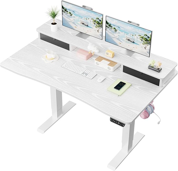 Veken 47.2×27.6 Home Office Standing Desk with Monitor Riser Adjustable Computer Desk with Drawers Ergonomic Desk for Work Study Gaming Crafting White