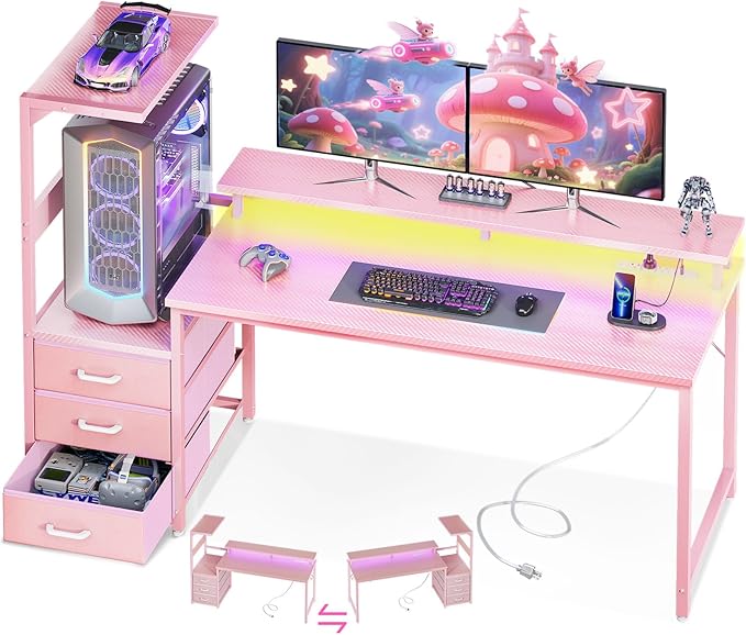 AODK 59 Inch Gaming Desk with USB Charging Ports &amp LED Light- Reversible Computer Desk with Storage Shelves &amp Monitor Stand Modern Gamer Desk Table with Fabric Drawers &amp Side Hook Carbon