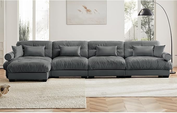 166 Modular Sectional SofaVelvet Upholstered Couches for Living Room4 Seater Grey Sofa Couch with Movable OttomanBig Comfy Cloud Couch with Deep Seats for Living RoomApartmentBedroom