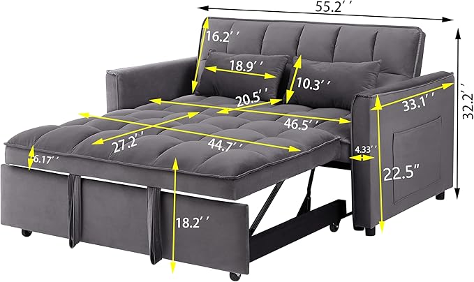 3 in 1 Convertible Sleeper Sofa Bed 55 Pull Out Couches Modern Loveseat Sleeper Sofa with Adjustable Reclining Backrest &amp Side Pockets for Living Room Velvet Fabric Dark Gray