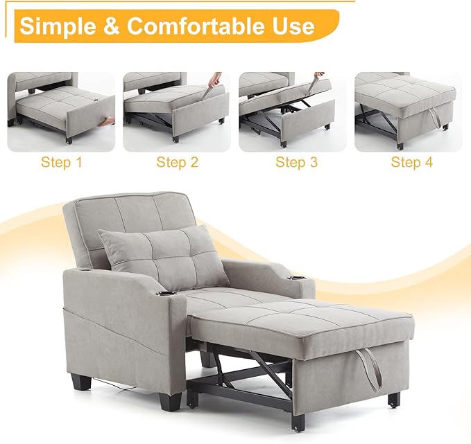 Karl home Sleeper Chair Convertible Sofa Bed with USB/Type C Ports 3-in-1 Pull Out Sofa Bed Adjustable Reading Chair with Cup Holders Linen Light Gray