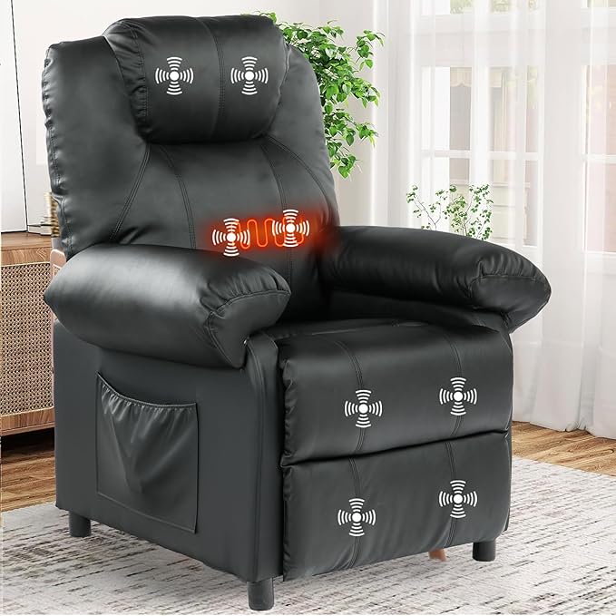 KCREAM Pushback Recliner Chair with Massage and Heat Overstuffed Manual Reclining Chair Single Sofa for Living Room Push Back Small Leather Recliner Black