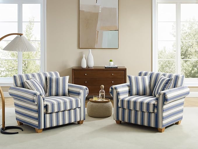 VANOMi 40 W Oversized Accent Chair Oversized Reading Chair for Living Room Comfy Reading Nook Chairs for Bedroom Upholstered Large Chair Armchair Single Sofa for Small Space (Navy Stripe)