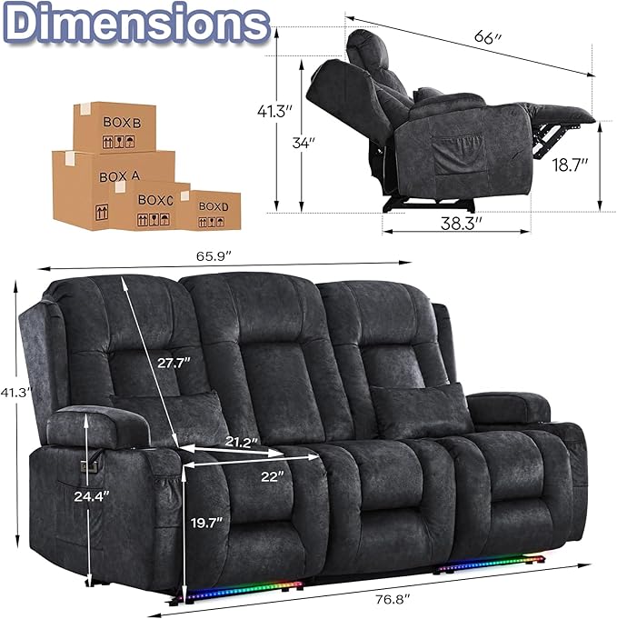 TUNYI Power Loveseat Recliner Sofa with Massage &amp Heat Home Theater Seating with Console RV Recliner Loveseat Sofa with USB/Storage/Side Pocket/LED Light/Speaker (Grey 3 Seat)