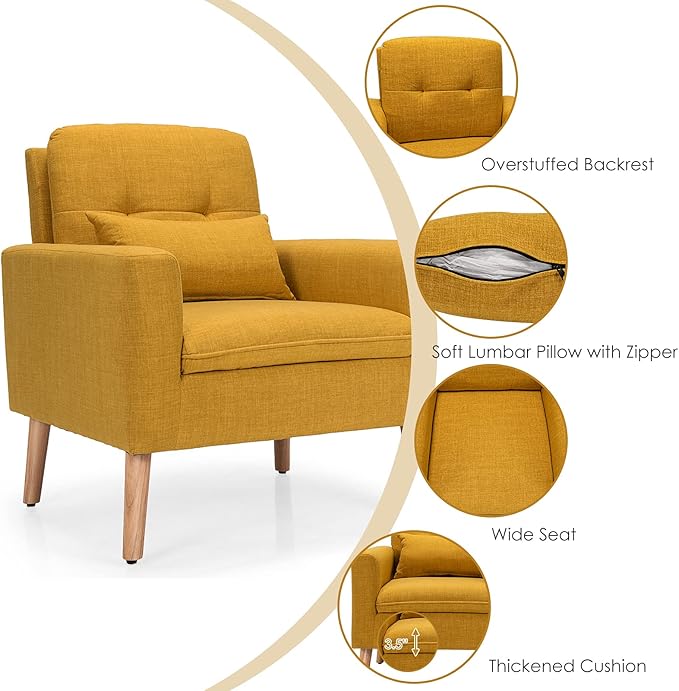 Giantex Modern Accent Chair Set of 2 Upholstered Linen Fabric Single Sofa Armchair with Pillow Max Load 330lbs Mid Century Modern Living Room Chair for Bedroom (Yellow)